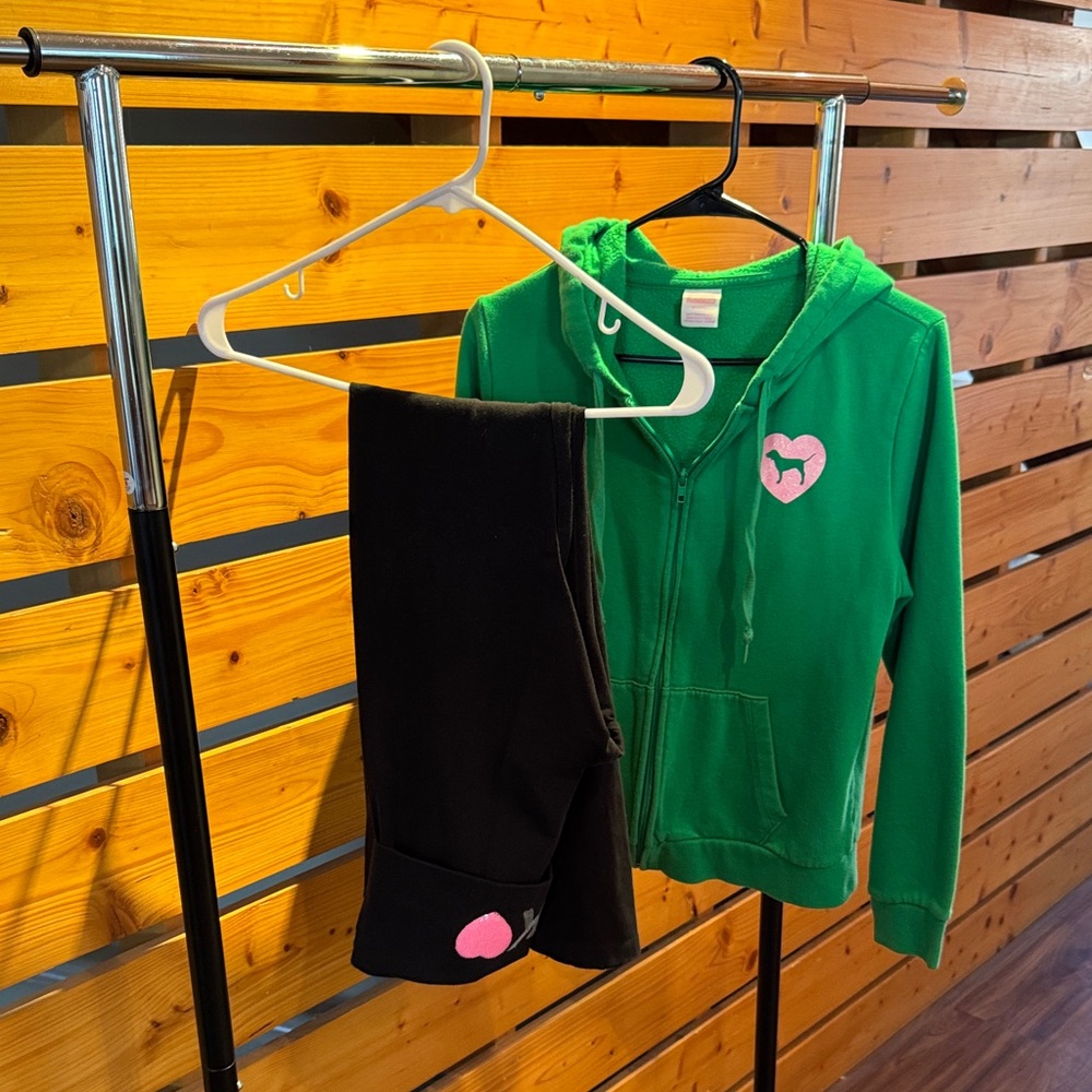 PINK Green Hoodie and Black Pants Set